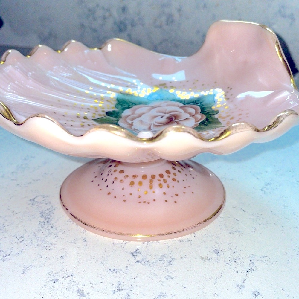 Milk Glass Cambridge Crown Tuscan Footed Shell Candy Dish with Gold Trim